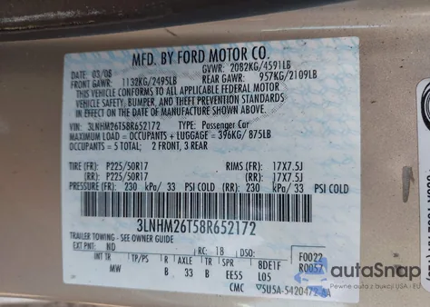 2008 Lincoln Mkz из США, поврежденный, VIN 3LNHM26T58R652172